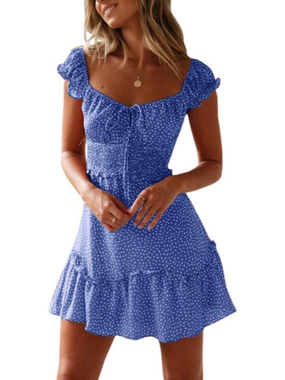 Women's Blue Summer Ruffle Sleeve Sweetheart Neckline Printing Dress Mini
